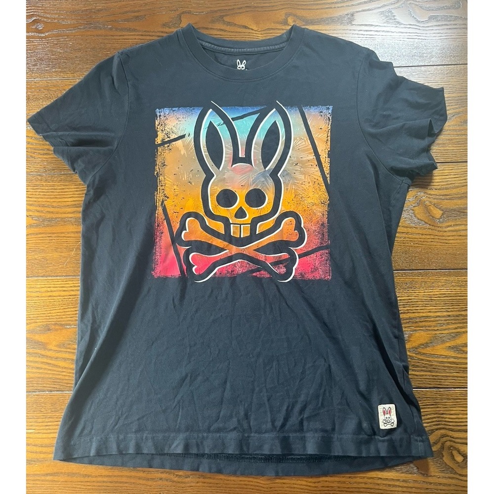 Psycho Bunny Men's T-Shirt Black Pima Cotton Graphic Skull Bunny Size 3 XS/S